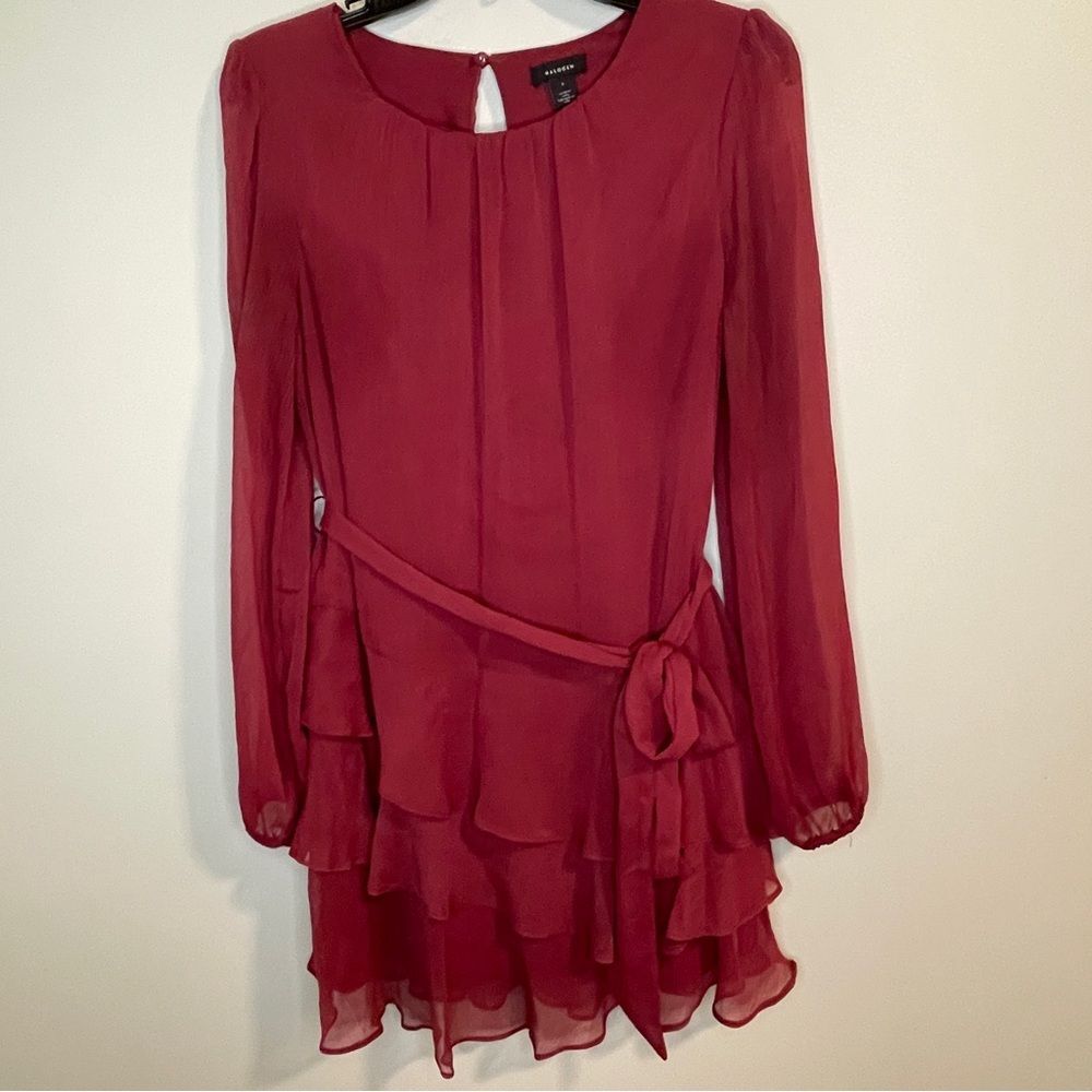 HALOGEN ASYMMETRIC RUFFLE BELTED LONG SLEEVE MINIDRESS IN CHIANTI